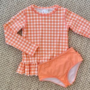 Ruffle Butts Orange Gingham Long-Sleeve Rashguard Swim Set